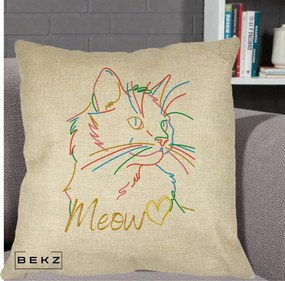 Perna Personalizata Pisica Meow Arta Linie Colorata, 40x40 cm, Crem, Husa Detasabila, Perna Inclusa, BEKZ®