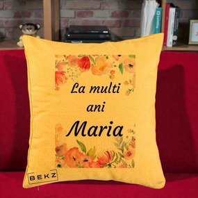 Cadou de Onomastica - Perna Personalizata La Multi Ani Maria Flori Acuarela, 40x40 cm, Galben, Husa Detasabila, Perna Inclusa, BEKZ®