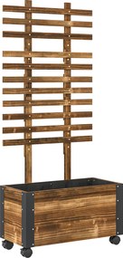 Outsunny Jardiniera cu Spalier pentru Plante Agatatoare si Roti, Jardiniera din Lemn de Brad cu Design Autodrenant, 65x31x147 cm, Maro Carbonizat