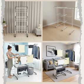 Uscător de rufe Kinghoff KH 2044, 30 m, până la 30 kg, 3 niveluri, roți, oțel, alb/gri