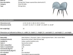 Set de 2 scaune design elegant LUX Cooper, catifea albastra 114304 HZ