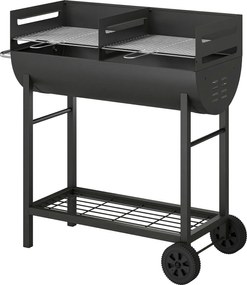 Outsunny Grătar pe cărbune cărucior cu 2 zone de gătit grilă reglabilă pe înălțime raft pentru lemne roți mâner lateral, 103 x 46,5 x 100cm | Aosom Romania