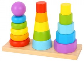 Jucarie educativa sortatoare din lemn masiv NOVOKIDS™ Wooden Towers, 3 in 1, Cu forme geometrice, Materiale Eco, Multicolor