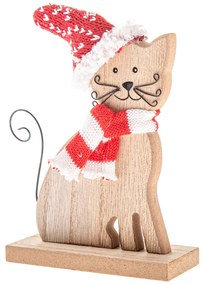Pisică din lemn cu eșarfă și căciulă tricotate, 14cm