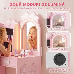AIYAPLAY Măsuță de Toaletă pentru Copii 3 În 1 cu Taburet, Oglindă cu 2 Tipuri de Lumină și Suport Haine, Roz, 3-8 Ani | Aosom Romania