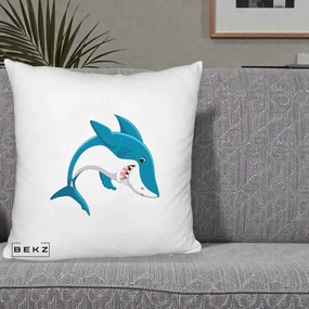 Perna Decorativa Rechin Albastru Cartoon, 40x40 cm, Alb Pufos, Husa Detasabila, Perna Inclusa, BEKZ®