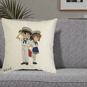 Perna Personalizata Detective Conan Conan si Ai Sailor, 40x40 cm, Ecru, Husa Detasabila, Perna Inclusa, BEKZ®