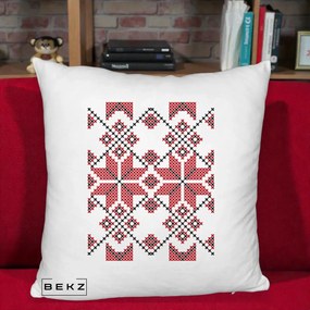 Perna Personalizata Motiv Traditional Cusatura Rosu-Negru, 40x40 cm, Alb Pufos, Husa Detasabila, Perna Inclusa, BEKZ®