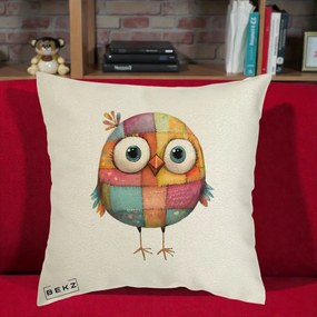 Perna Decorativa Pasare Patchwork Colorata, 40x40 cm, Ecru, Husa Detasabila, Perna Inclusa, BEKZ®