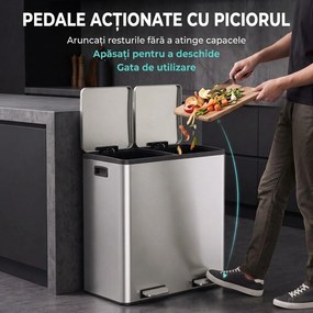 HOMCOM Coș de gunoi pentru bucătărie 2 x 30 L, cu pedală, din oțel inoxidabil, cu recipiente detașabile și închidere lentă, argintiu | Aosom Romania