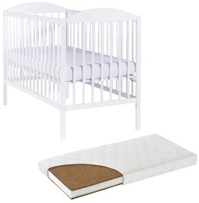 Patut din lemn masiv 120x60 cm Kidizi Orella alb si saltea cocos LUX 120x60x9 cm, reglabil pe 3 nivele, certificat EN71