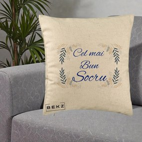 Cadou pentru Socru - Perna Personalizata Cel mai Bun Socru cu Ramuri Frunze Albastre si Aurii, 40x40 cm, Bej, Husa Detasabila, Perna Inclusa, BEKZ®