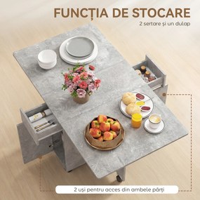 HOMCOM Masă de Luat Masa Pliabilă, Masă de Bucătărie cu Blaturi Rabatabile și Roți cu Frâne pentru 6 Persoane, Birou Compact cu 2 Sertare, 2 Uși și Dulap, pentru Living, 140x76x74î cm, Gri Ciment | Aosom Romania