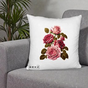 Perna Decorativa Trandafiri Vintage Roz-Rosii, 40x40 cm, Alb Pufos, Husa Detasabila, Perna Inclusa, BEKZ®