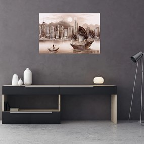 Tablou - Victoria Harbour, Hong Kong, efect sepia (90x60 cm)