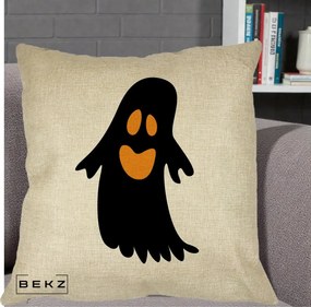 Perna Decorativa Halloween Fantoma Neagra cu Ochi Portocalii, 40x40 cm, Crem, Husa Detasabila, Perna Inclusa, BEKZ®
