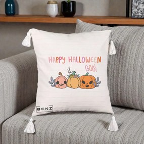 Perna Decorativa Happy Halloween Boo Trei Dovlecei Kawaii, 40x40 cm, Bej cu Franjuri, Husa Detasabila, Perna Inclusa, BEKZ®