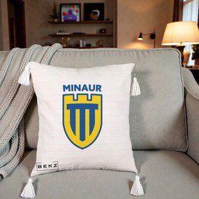 Perna Personalizata Minaur Baia Mare Fotbal, 40x40 cm, Bej cu Franjuri, Husa Detasabila, Perna Inclusa, BEKZ®