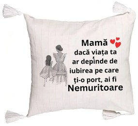 Perna Decorativa cu Franjuri, Model pentru Mama 3, 45x45 cm, Ecru, Cu fermoar