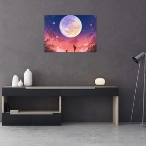 Tablou pe sticlă - Femeie și câine pe lună plină (70x50 cm)