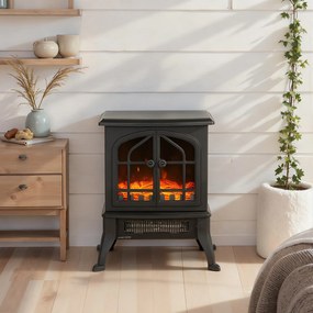 HOMCOM Șemineu Electric de Podea, Flacără 3D, Termostat 10-35°C, Plastic, Sticlă, 39x24x48 cm, Negru | Aosom Romania
