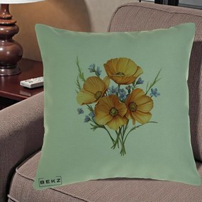Perna Decorativa Maci Portocalii cu Floricele Albastre, 40x40 cm, Verde, Husa Detasabila, Perna Inclusa, BEKZ®