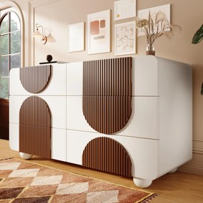 Comodă cu 6 sertare, cu șipci din lemn de culoare ciocolată și picioare sferice din lemn masiv, albe, 121x41x71 cm, Alb