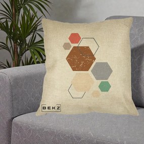 Perna Decorativa Geometric Hexagoane Multicolor, 40x40 cm, Crem, Husa Detasabila, Perna Inclusa, BEKZ®