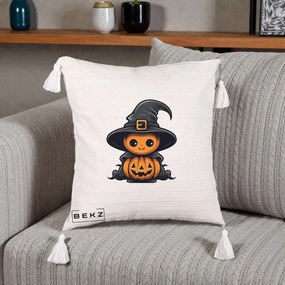 Perna Decorativa Halloween Dovleac Vrajitor Kawaii, 40x40 cm, Bej cu Franjuri, Husa Detasabila, Perna Inclusa, BEKZ®