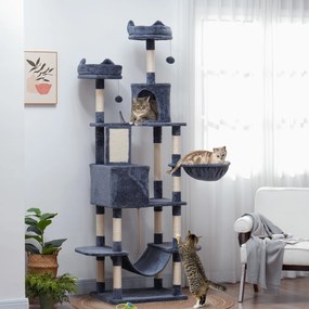 PawHut Ansamblu de Cățărat pentru Pisici, 206 cm, cu Stâlpi din Sisal, Căsuțe și Hamace, Gri Închis | Aosom Romania