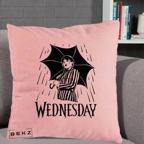 Perna Personalizata Wednesday cu Umbrela Ploaie Lineart, 40x40 cm, Roz, Husa Detasabila, Perna Inclusa, BEKZ®