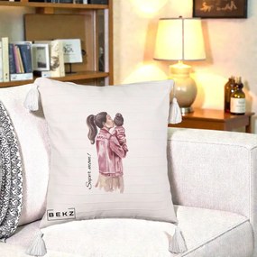 Cadou pentru Mama - Perna Personalizata Super Mom Jachete Roz, 40x40 cm, Bej cu Franjuri, Husa Detasabila, Perna Inclusa, BEKZ®