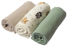 Set 3 paturici din muselina dubla moale 78x78 cm Kidizi Cuddly Buddies, 100% bumbac