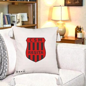 Perna Personalizata CSM Resita Fotbal, 40x40 cm, Bej cu Franjuri, Husa Detasabila, Perna Inclusa, BEKZ®