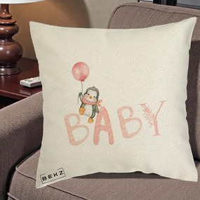 Perna Personalizata Baby Pinguin Roz, 40x40 cm, Ecru, Husa Detasabila, Perna Inclusa, BEKZ®
