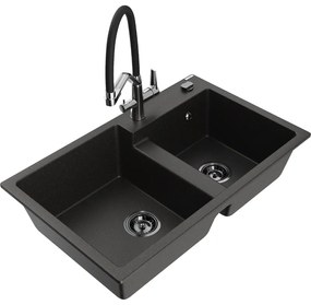Mexen Tomas chiuvetă de granit cu 2 compartimente și baterie de bucătărie Duo, negru/auriu metalic - 6516-75-671701-07-B