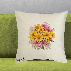 Perna Decorativa Floarea-Soarelui cu Cosmos Roz si Gypsophila, 40x40 cm, Ecru, Husa Detasabila, Perna Inclusa, BEKZ®