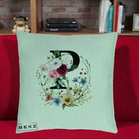 Cadou Personalizat - Perna Personalizata Monogram Litera P cu Flori Acuarela, 40x40 cm, Verde Menta, Husa Detasabila, Perna Inclusa, BEKZ®