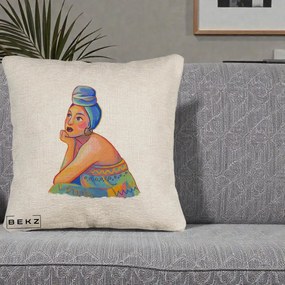 Perna Decorativa Portret Femeie Contemplativa, 40x40 cm, Bej Canapea, Husa Detasabila, Perna Inclusa, BEKZ®