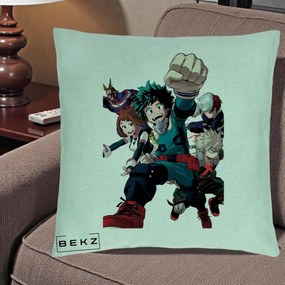 Perna Personalizata My Hero Academia Izuku Deku si Echipa, 40x40 cm, Verde Menta, Husa Detasabila, Perna Inclusa, BEKZ®
