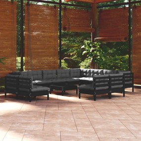 3096885 vidaXL Set mobilier grădină cu perne, 13 piese, negru, lemn masiv pin