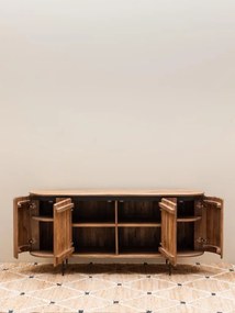 Bufet living din lemn de mango, maro, cu 4 uși din lame verticale, capete rotunjite și picioare din metal negru, 77 x 170 x 48 cm, „Ainigma”