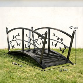 Outsunny Pod de Grădină Metalic 1,2 m Pod Decorativ pentru Iaz cu Balustrade de Siguranță și Design cu Frunze Negru | Aosom Romania