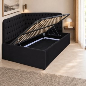 Pat tapițat pentru copii din catifea Elyra 140×200 cm, negru, colț stânga, cu ladă de depozitare