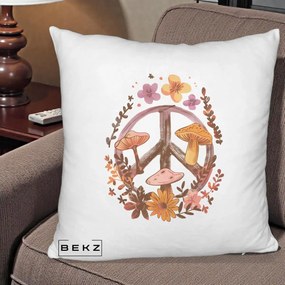 Perna Decorativa Peace Sign Ciuperci Floral, 40x40 cm, Alb Pufos, Husa Detasabila, Perna Inclusa, BEKZ®