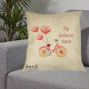 Perna Decorativa Te Iubesc Tare cu Bicicleta Roz si Baloane Inima, 40x40 cm, Crem, Husa Detasabila, Perna Inclusa, BEKZ®