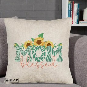 Cadou pentru Mama - Perna Personalizata Mom Blessed cu Floarea Soarelui Animal Print Teal, 40x40 cm, Bej Canapea, Husa Detasabila, Perna Inclusa, BEKZ®