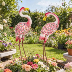Outsunny Set 2 statuete Flamingo pentru grădină, păsări metalice cu pene florale, sculpturi cu țăruși de ancorare, Roșu | Aosom Romania