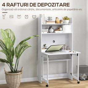 HOMCOM Birou cu Rafturi, Blat Pliabil, 2 Roți și 4 Rafturi, Birou Compact Modern cu Orificiu pentru Cabluri, Masă pentru Computer, Casă Birou Cameră de Studiu, 80x69x155 cm, Alb | Aosom Romania