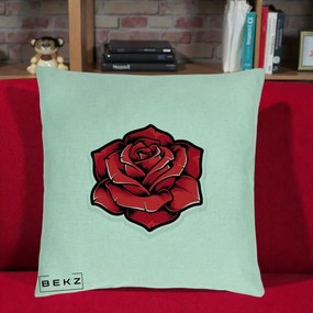Perna Decorativa Trandafir Rosu Tattoo, 40x40 cm, Verde Menta, Husa Detasabila, Perna Inclusa, BEKZ®